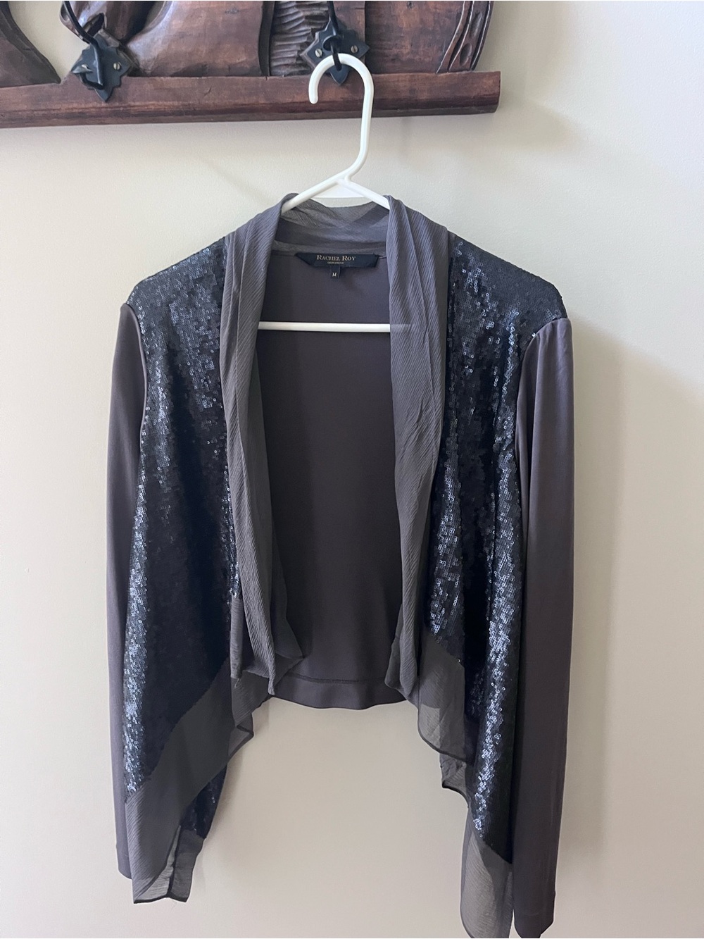 Rachael Roy Charcoal Sequin and Chiffon Draped Open-Front Jacket! Size Medium